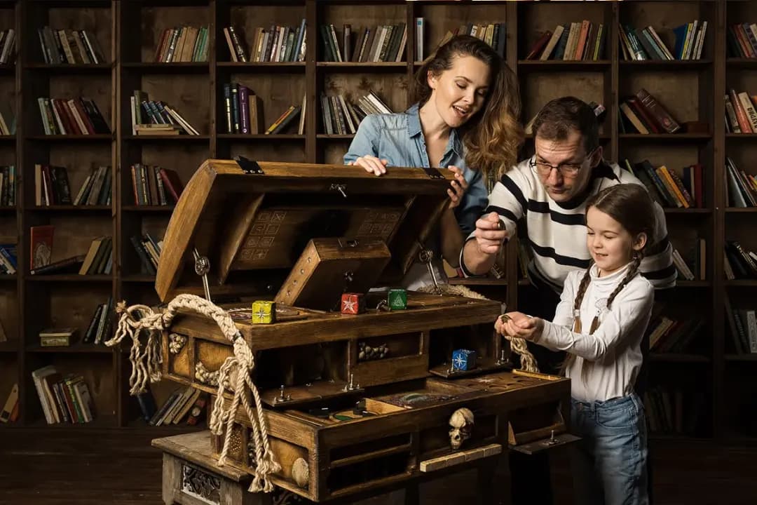 A family solving a voice-acted chest attraction in a library
