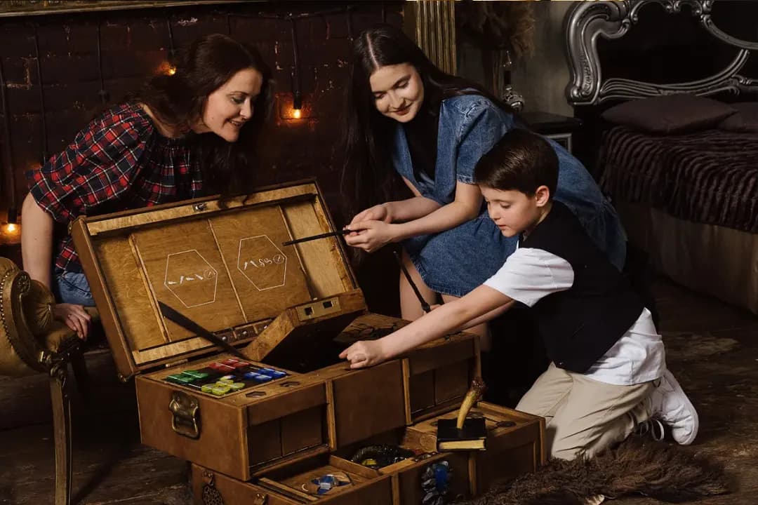 Players opening a story-driven chest attraction