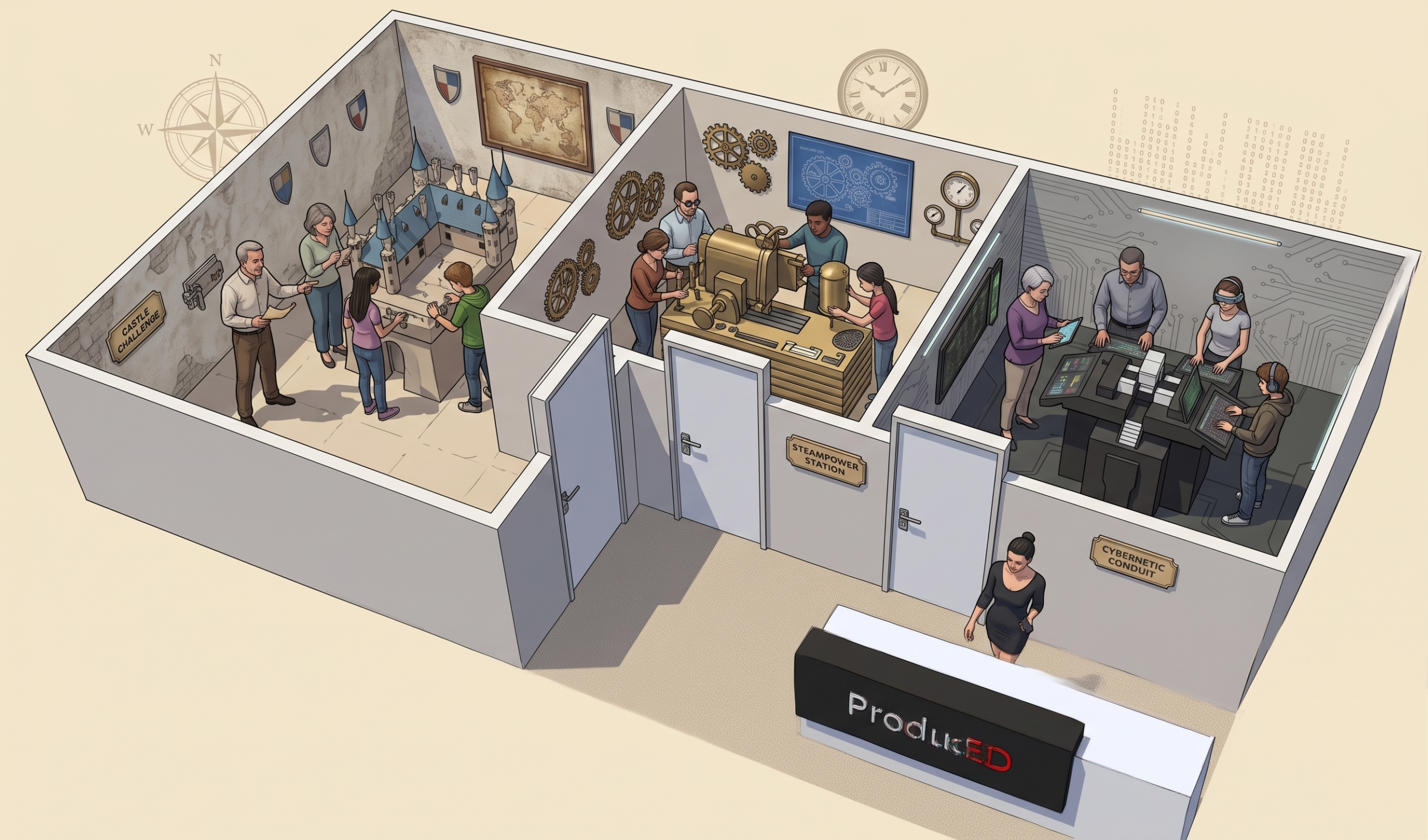 Social gaming room with three themed escape attractions