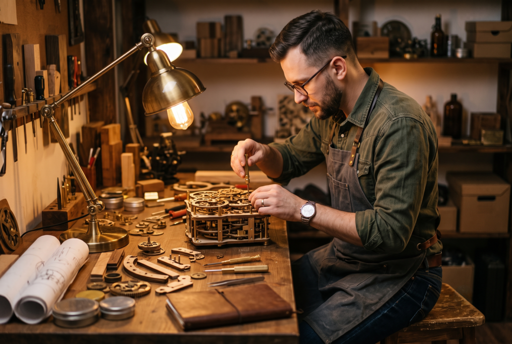 A maker assembling an intricate mechanical puzzle at a workbench under a lamp, absorbed in the product rather than in sales