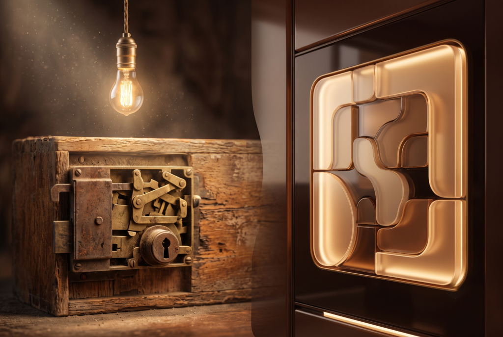An old rusty mechanical lock next to a glowing modern puzzle panel — the contrast between an outdated room and an updated one