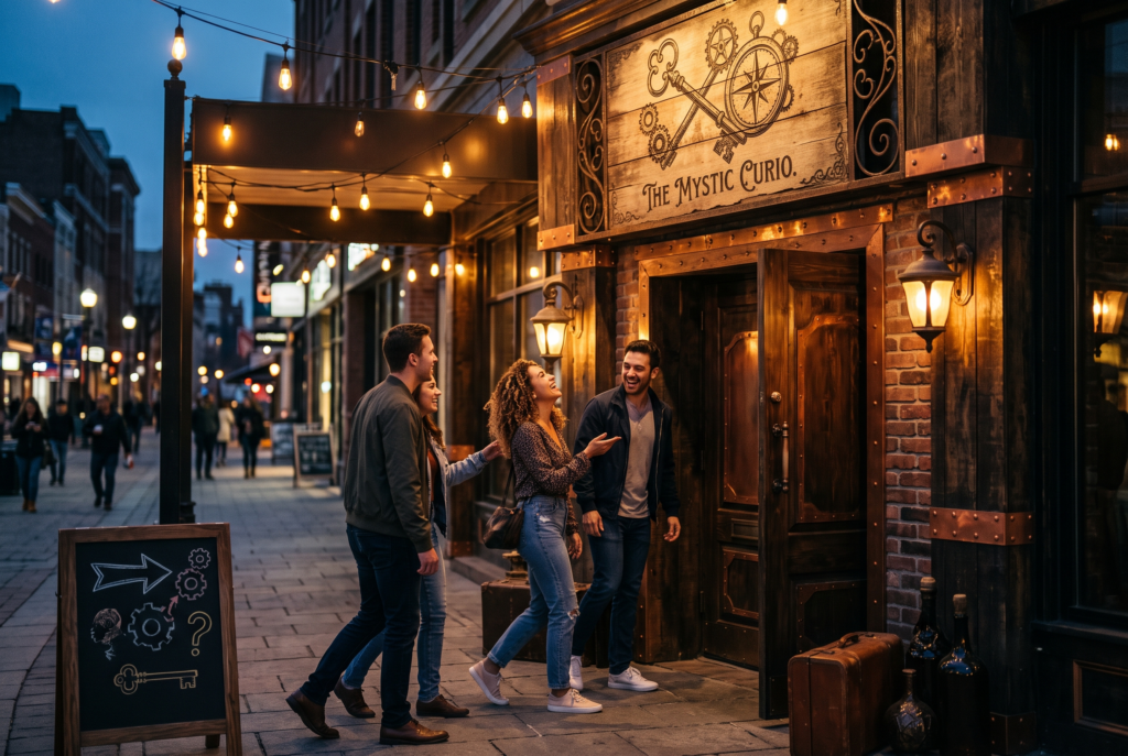 A group of friends walking up to the entrance of a themed escape room in the evening — a steady flow of guests at a growing venue