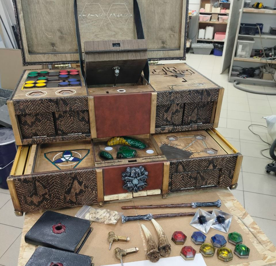 A chest quest with its spare game set, ready to ship to a client