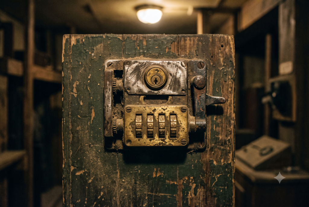 Close-up of a worn combination lock on an old peeling escape-room door — a prop due for replacement