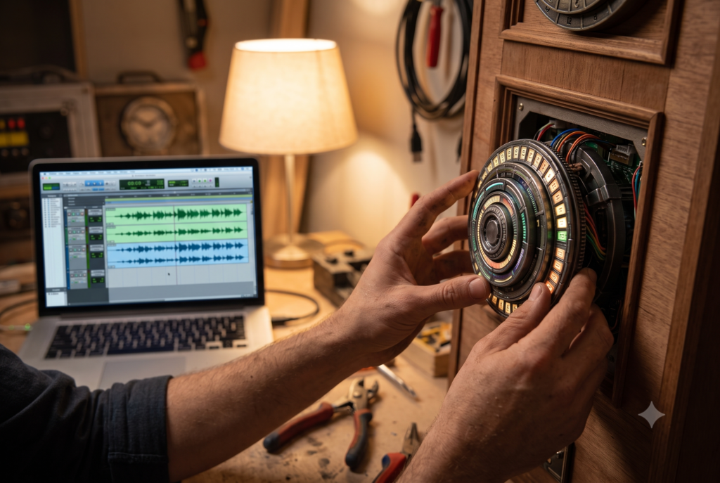 Hands installing a new glowing module into an escape-room panel, a laptop with audio waveforms nearby — updating the story and voice-over on the same electronics