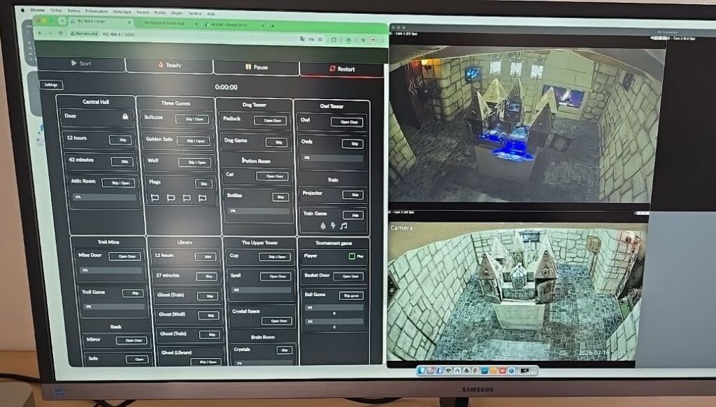 Operator control panel of an escape-room castle on a monitor with live room cameras — running a finished turnkey attraction