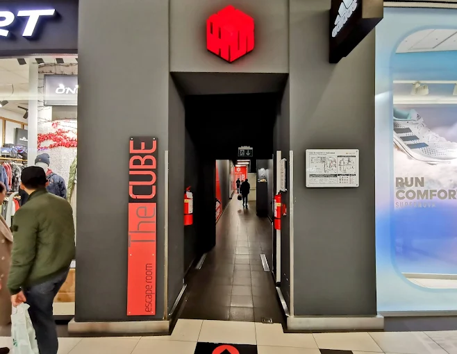 The Cube escape room entrance inside a shopping mall in Skopje