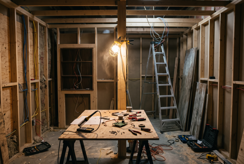 An unfinished escape room under construction: bare wooden studs, exposed wiring, a work lamp and tools on a workbench